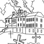 Haunted House, Haunted House With Cemetery Coloring Pages: Haunted House with Cemetery Coloring Pages