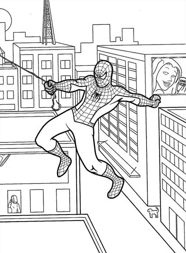 Spiderman, : Spiderman Swinging from One Building Coloring Page